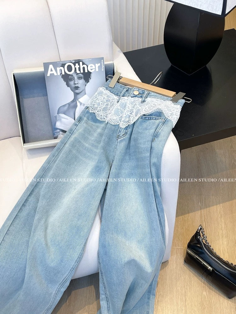 Jeans women 2025 spring new Korean Dongdaemun design lace stitching loose straight wide-leg pants