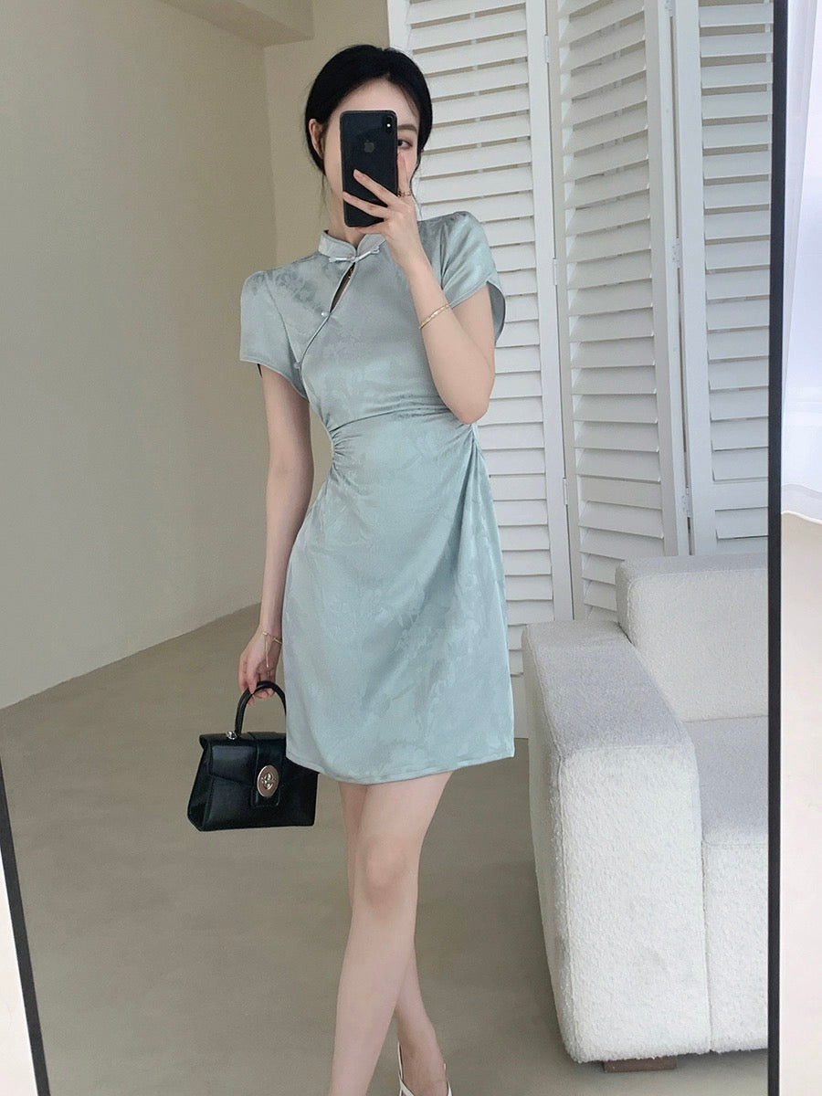 Guoge's new blue Chinese dress for women 2024 summer new style high-end waist slimming satin skirt