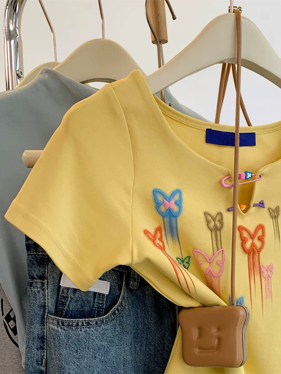 American retro yellow straight shoulder short-sleeved T-shirt for women in summer design for small size short-sleeved dopamine top