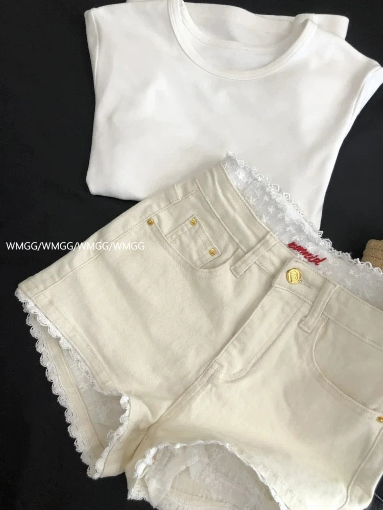 White shorts women 2025 new summer thin Korean style chic chic wear lace stitching jeans