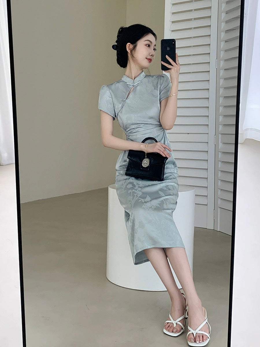FT GUOGE blue new Chinese style dress for women 2024 new summer style, beautiful temperament, slimming satin improved cheongsam