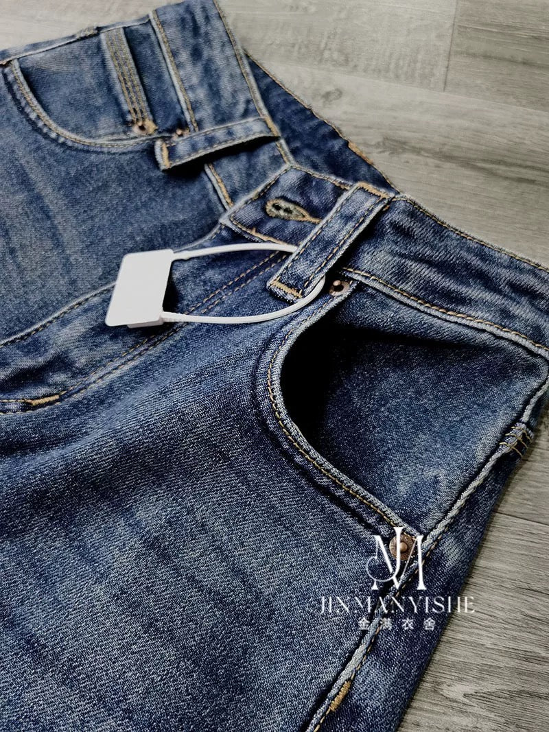 Retro washed distressed high-waisted slimming curved trousers loose and versatile twisted wide-leg jeans for women, casual long trousers