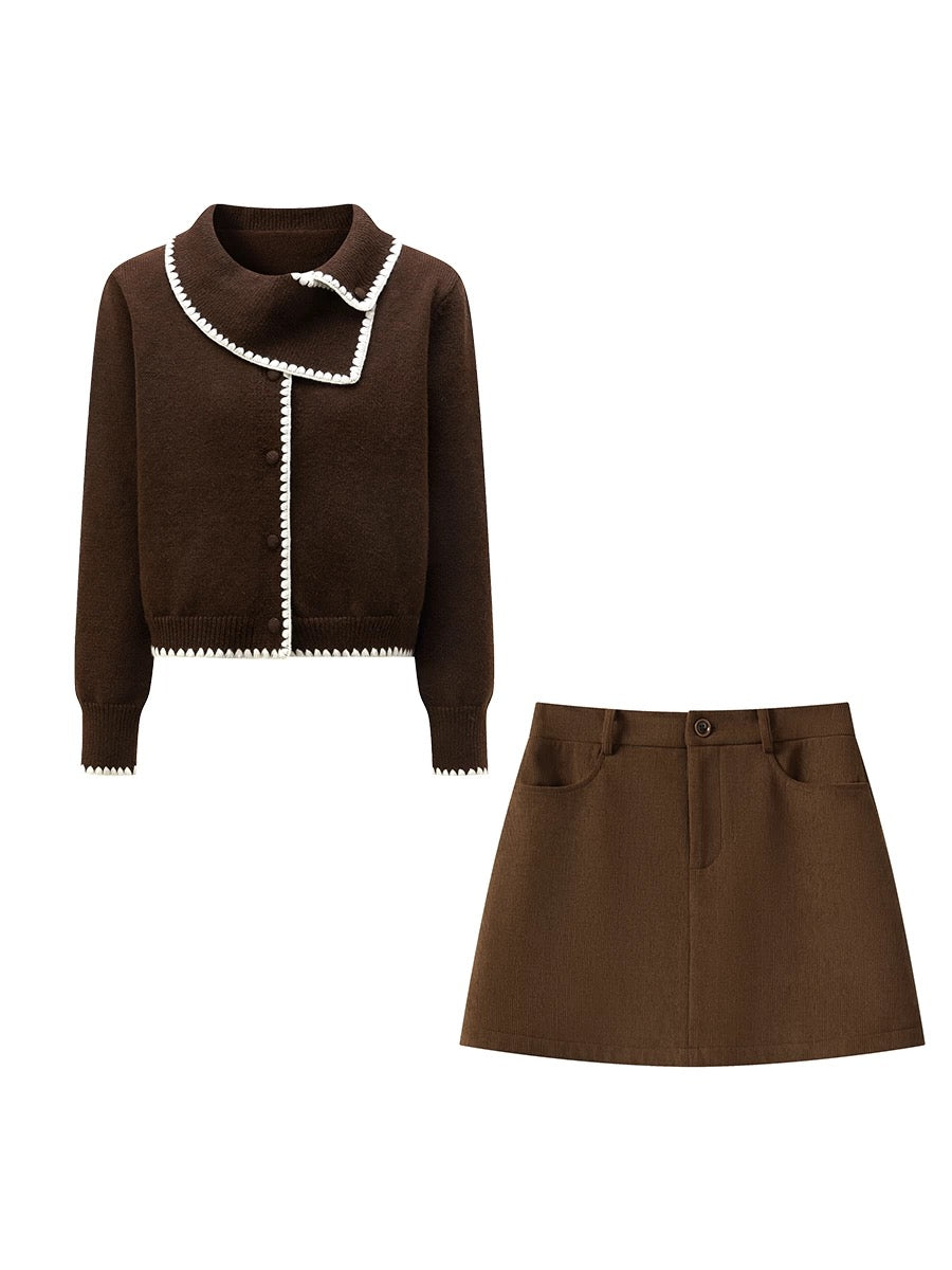 MARIECOCO New Retro Style Brown Scarf Collar Contrast Sweater Brown Slimming Skirt Set