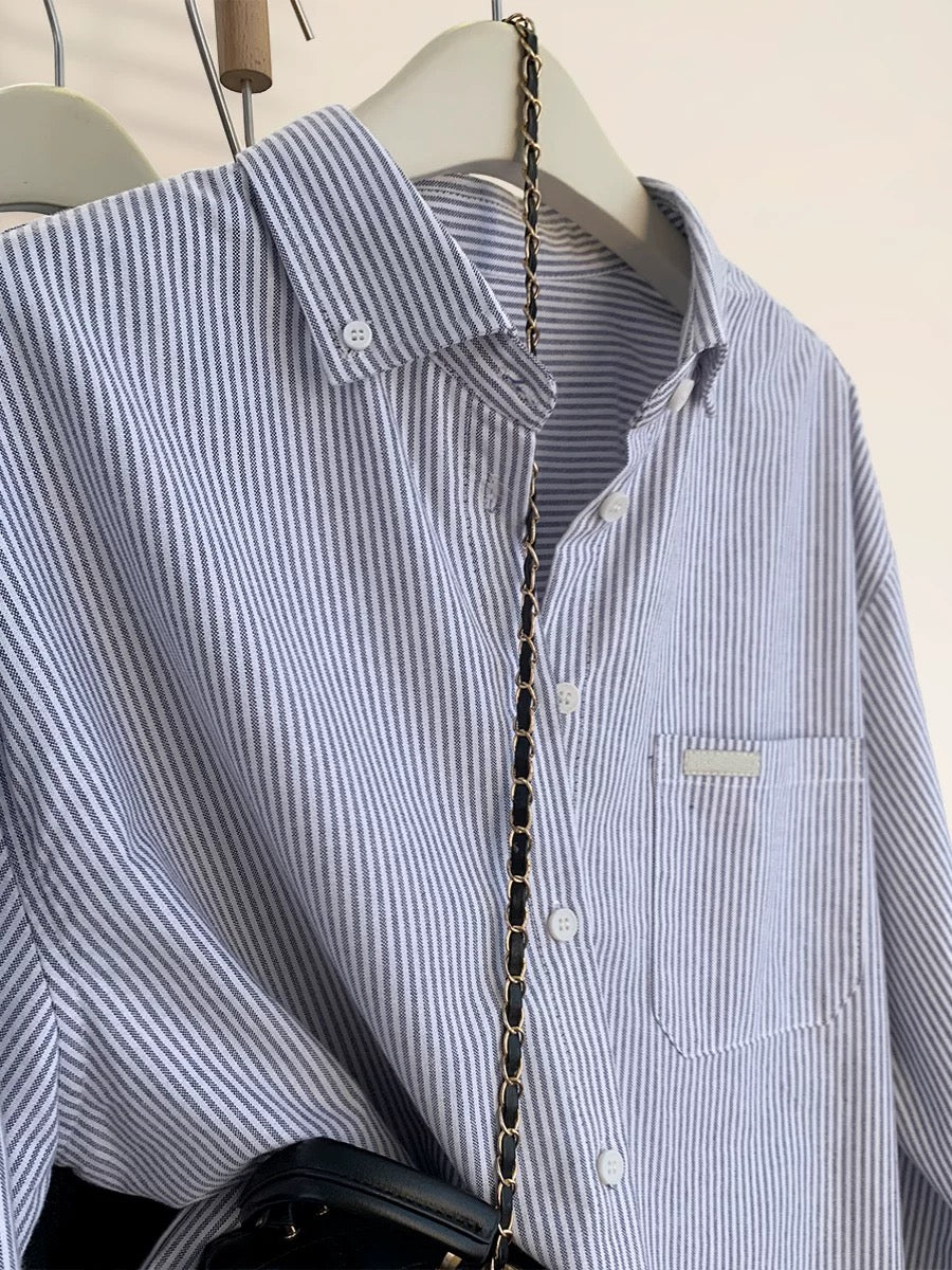 European goods blue striped shirt jacket for women autumn and winter design age-reducing long sleeves spring and autumn inner wear bottoming shirt top
