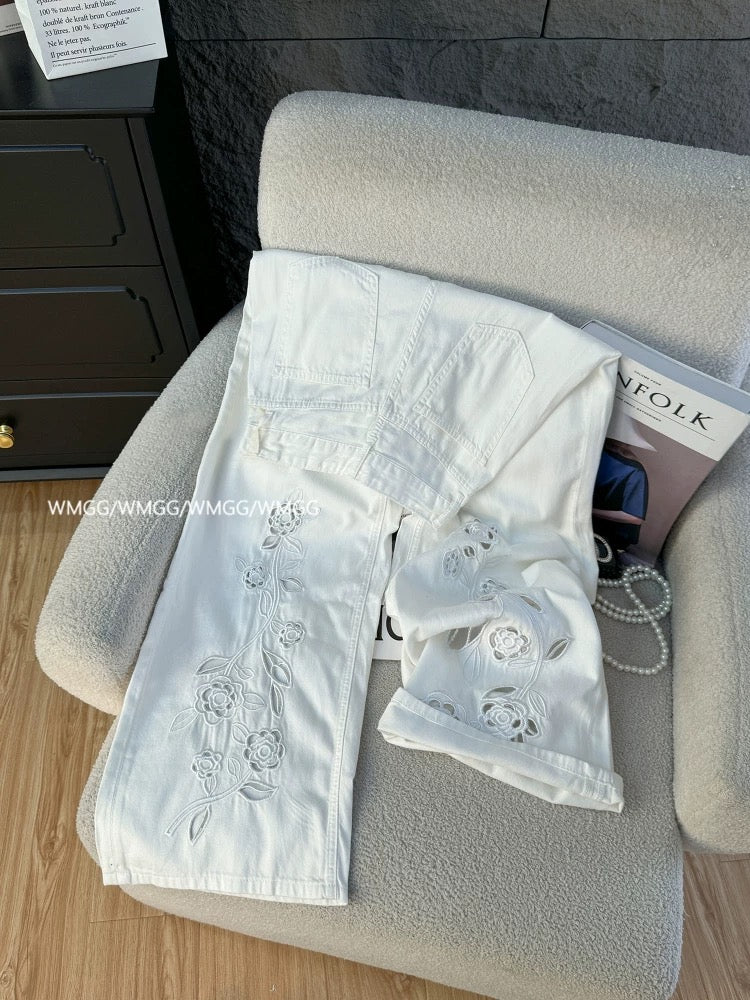 Jeans women summer thin 2025 new white pants women's loose bf lazy style hook flower hollow wide leg pants
