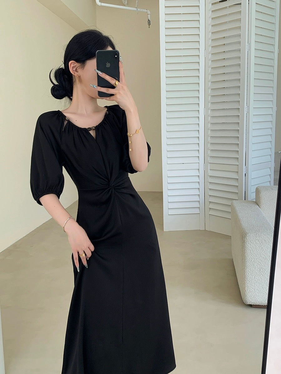 FT GUOGE black dress for women 2024 new summer style beautiful temperament waist slimming commuter twist long skirt