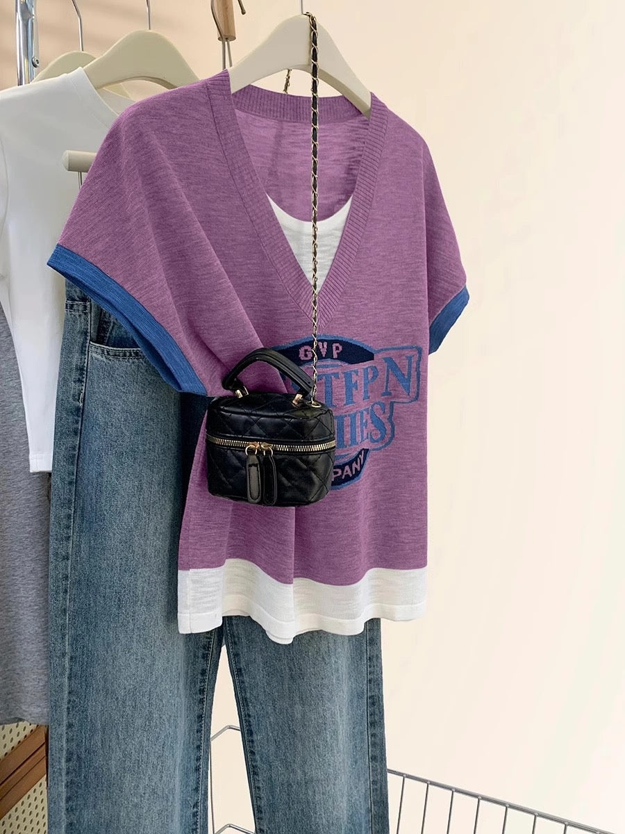 Ice silk knitted short-sleeved T-shirt for women summer 2025 new summer women's clothing fake two-piece thin small flying sleeve straight shoulder top