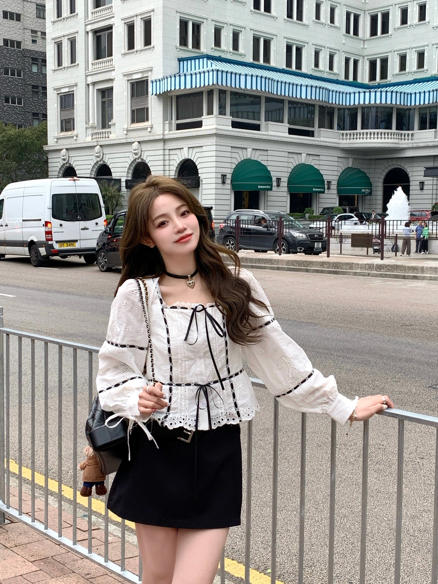 FF BLUE Milk Cover Salt Tea Retro Square Neck Bow Tie Cotton Shirt Puff Sleeve Hollow Air Quality Top