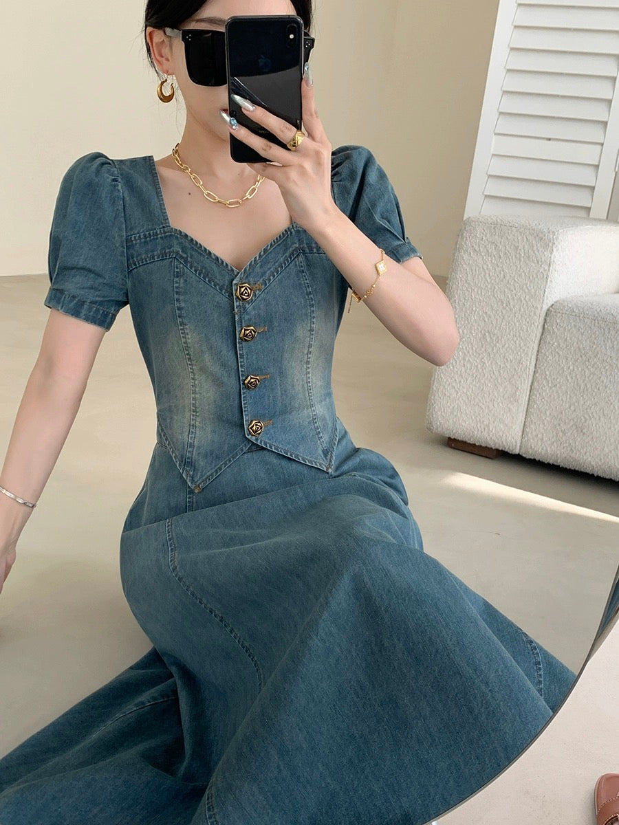 FT GUOGE blue denim dress for women 2024 new summer fake two-piece waist slimming square neck long skirt