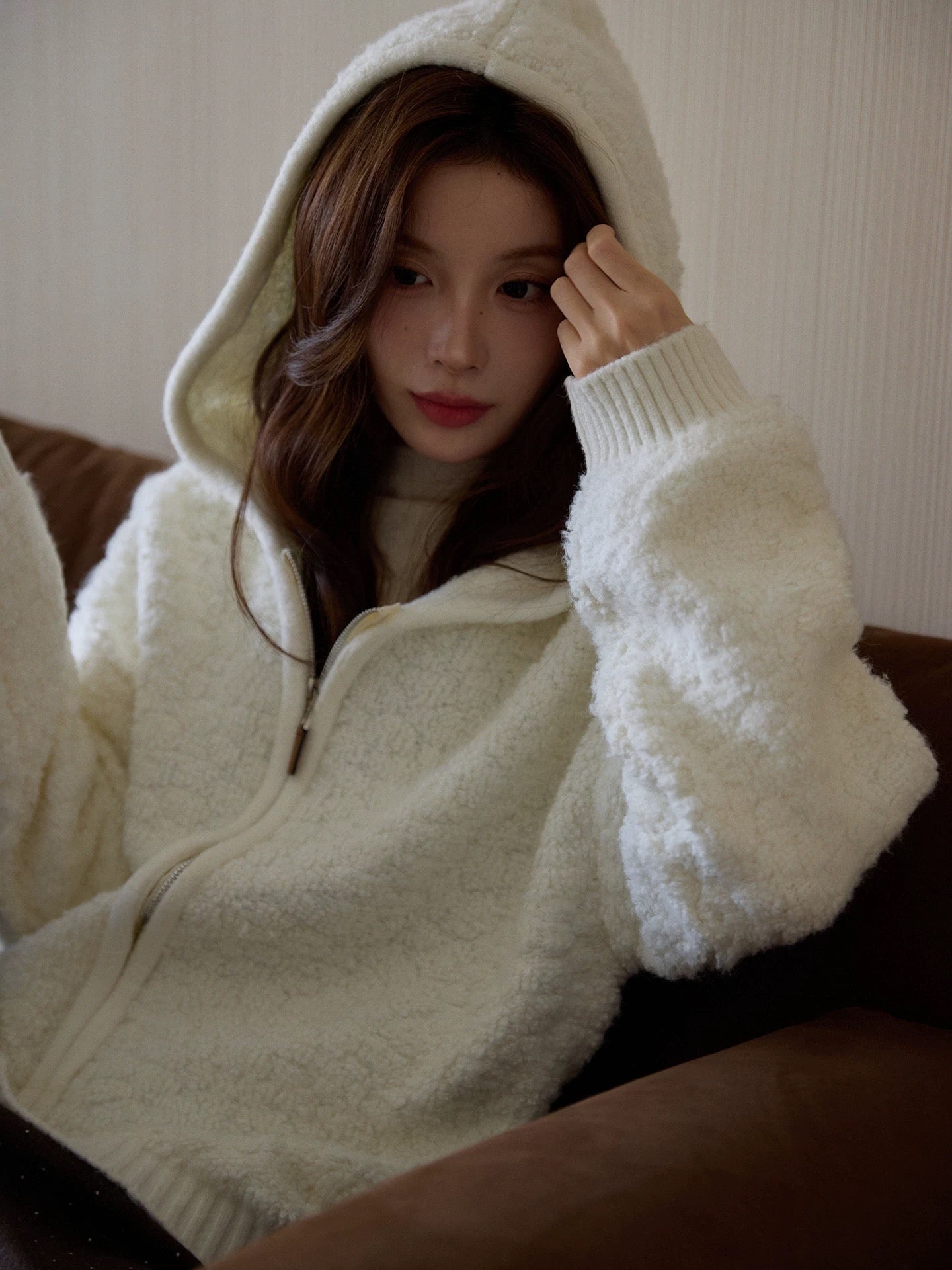 Chaochao Home Women's Winter Fleece Jacket, White Fleece-lined Cardigan, Thick Hooded Fur Knit Top