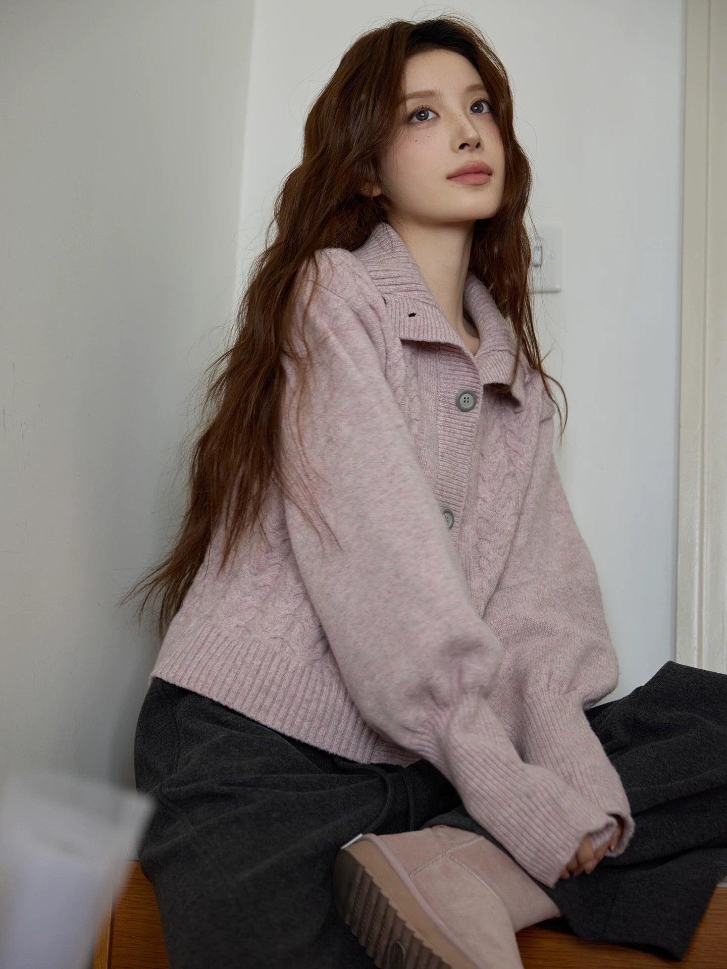 Chaochao's Pink Sweater for Women, Winter High-Neck Short Lantern Sleeve Top, Thick, Soft and Cozy Knitted Cardigan