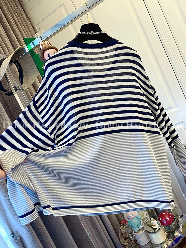 DHR design temperament striped ice linen long-sleeved sweater sunscreen cardigan loose large version thin top summer wear