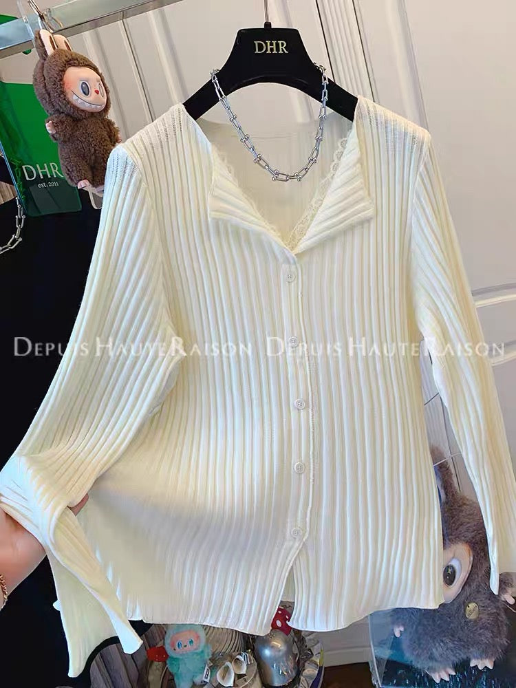 DHR French style lace lapel fake two-piece knit sweater bottoming shirt loose top women's autumn and winter new