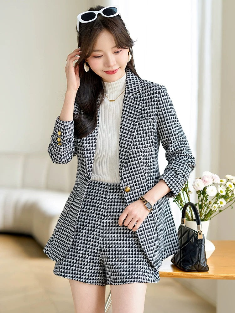 Houndstooth suit for women 2024 new autumn clothing small business suit wool suit shorts two-piece set