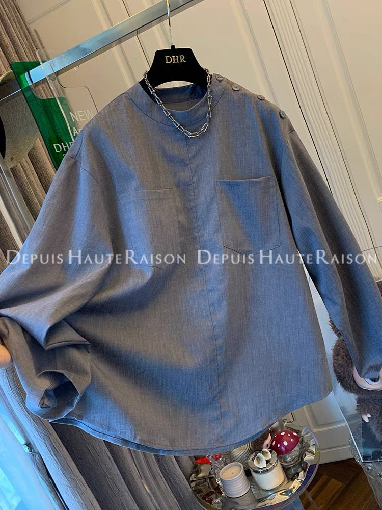DHR high-end old money style temperament pocket pullover long-sleeved shirt loose beautiful tops for women 2025 autumn new