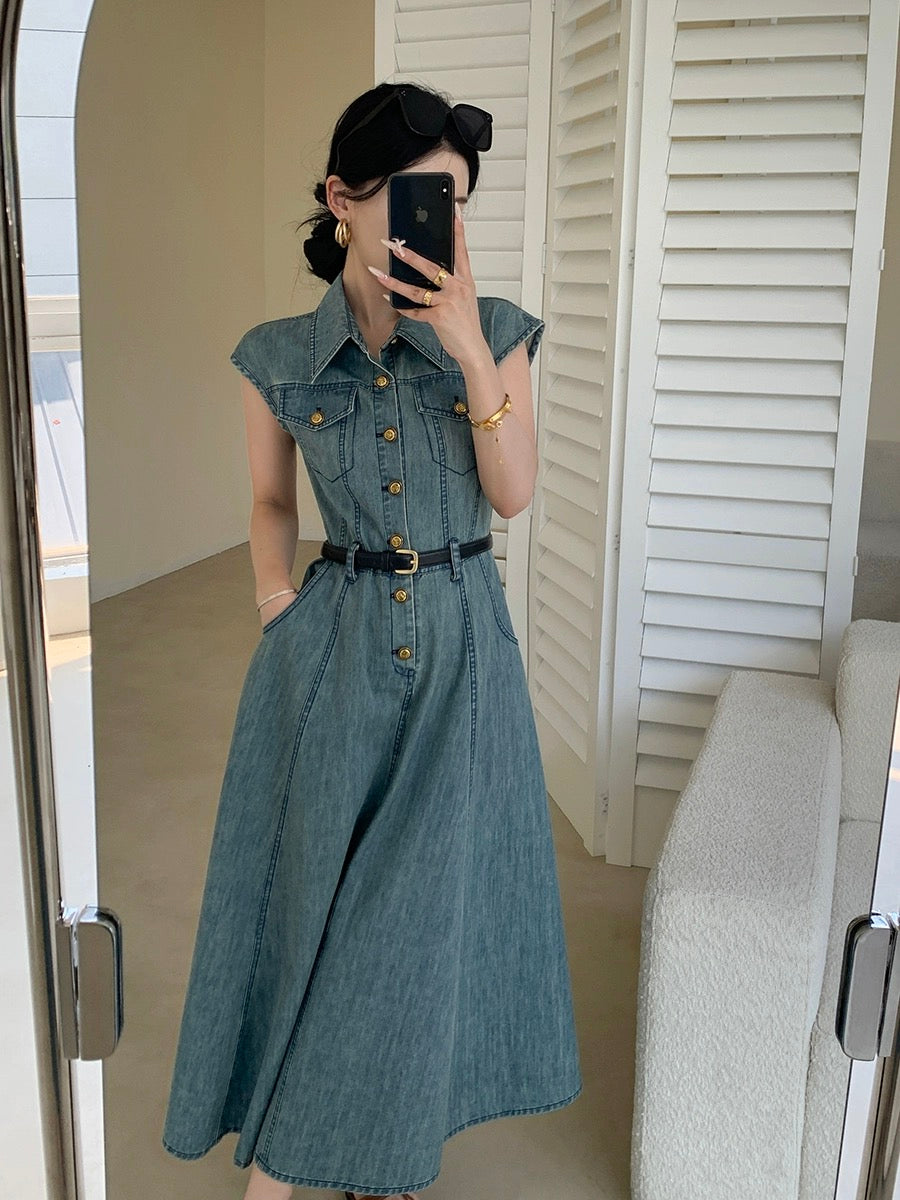 FT GUOGE blue denim dress for women 2024 summer new style French retro waist slimming small flying sleeves long skirt