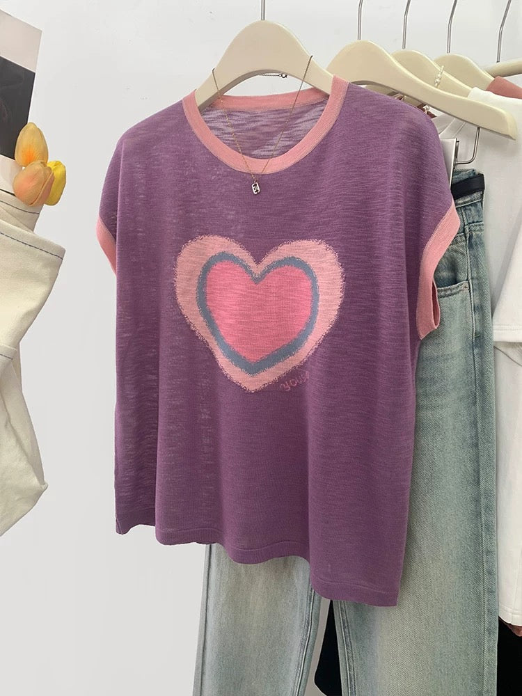 Love heart straight shoulder short-sleeved T-shirt for women in summer 2025 new design niche ice silk knitted thin loose top