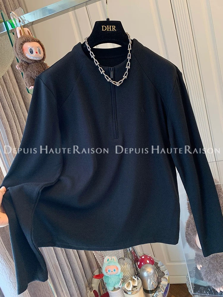 DHR American style half zipper stand collar versatile thread long sleeve T-shirt bottoming shirt loose inner top women autumn