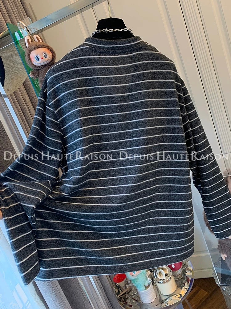 DHR Super beautiful embroidered bear stripes soft glutinous knitted long-sleeved T-shirt Korean bottoming shirt loose top women's autumn
