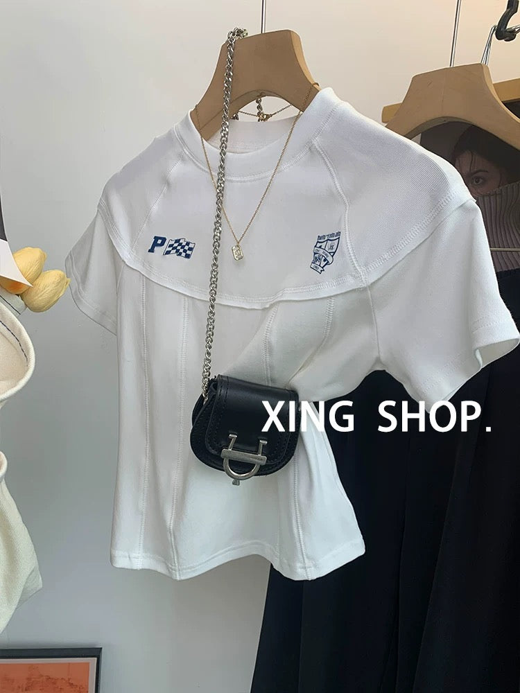 Gray raglan short-sleeved T-shirt for women summer 2025 new chic slim fishbone T-shirt short stitching inner top