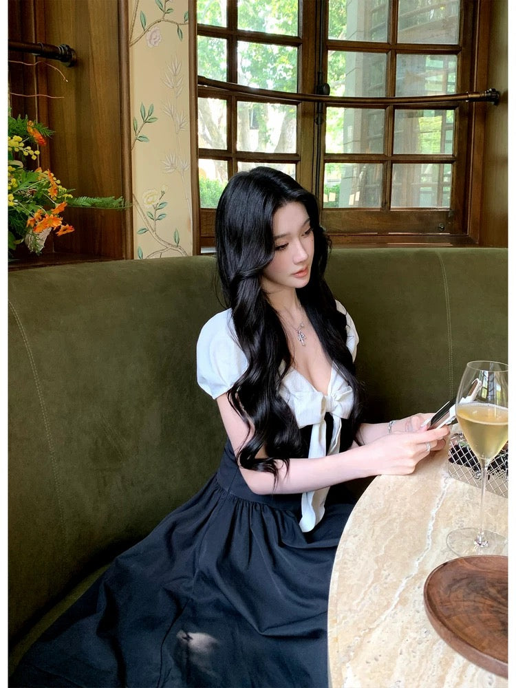 Barb Chill contrast color stitching bow dress 2025 summer Hepburn style elastic puff sleeve long dress