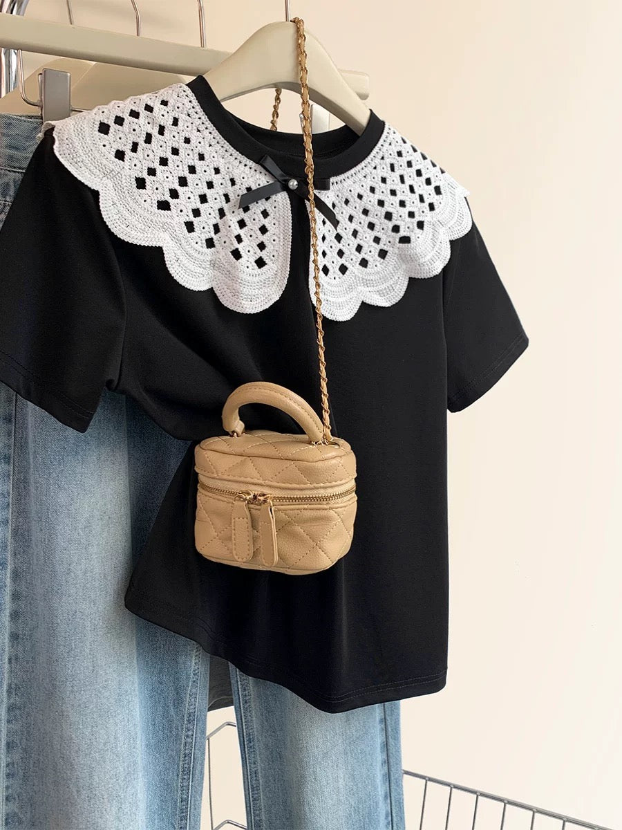 French black doll collar short-sleeved T-shirt for women in summer 2025 new design for small size straight shoulder short-sleeved top