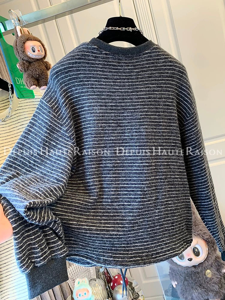 DHR Super good-looking age-reducing soft embroidered pumpkin striped long-sleeved T-shirt bottoming shirt Korean style loose top women's autumn