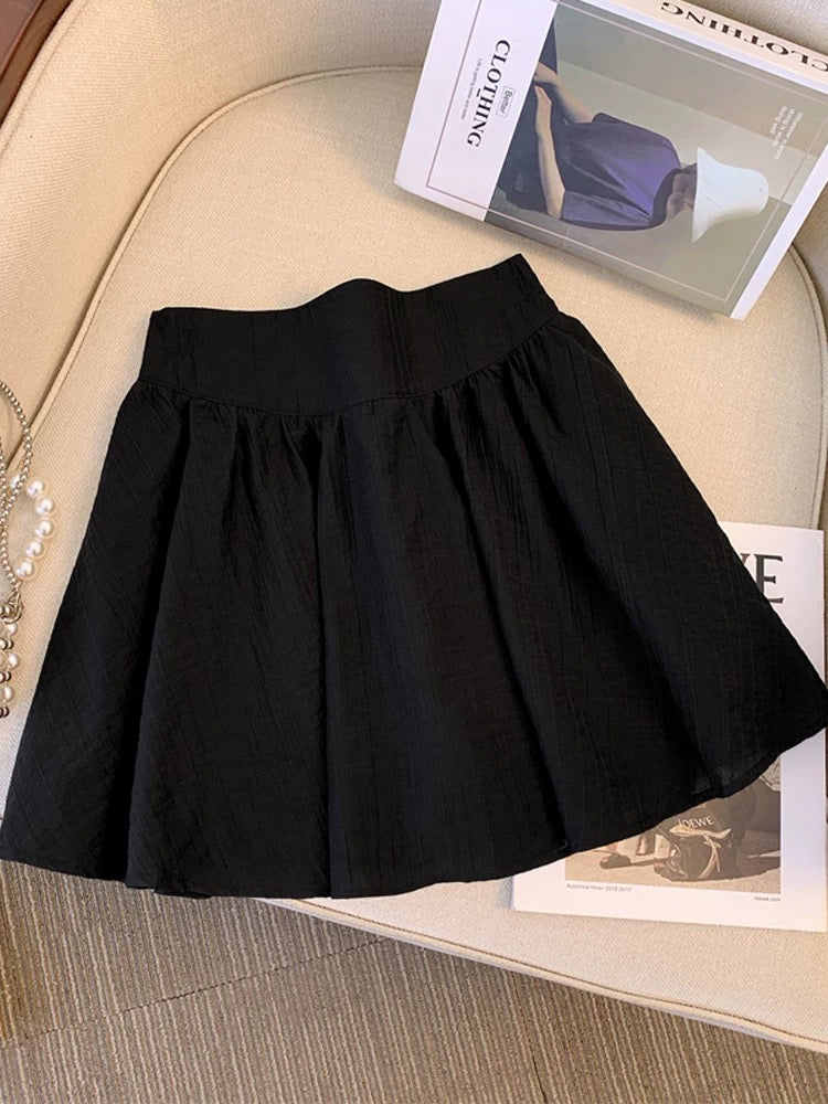 Plus size suit for fat girls, slim casual two-piece set for women with ear-shaped V-neck puff sleeve shirt, A-line version skirt