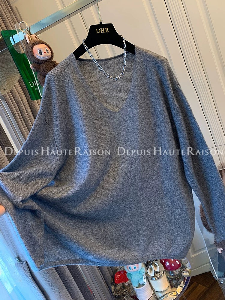 DHR lazy style temperament V-neck wool sweater loose inner top women's clothing 2025 autumn and winter new