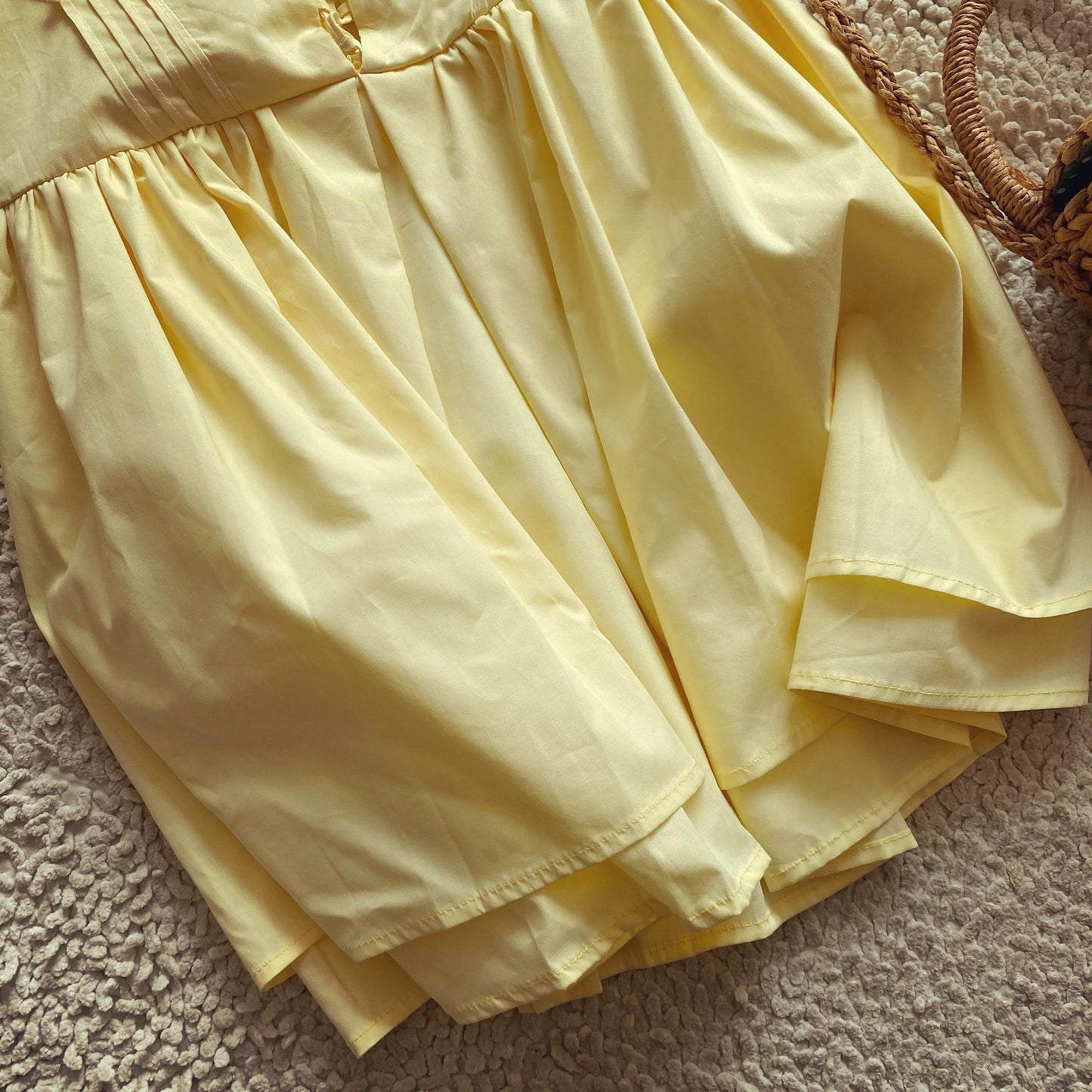 Pastoral style tie waist yellow holiday dress versatile