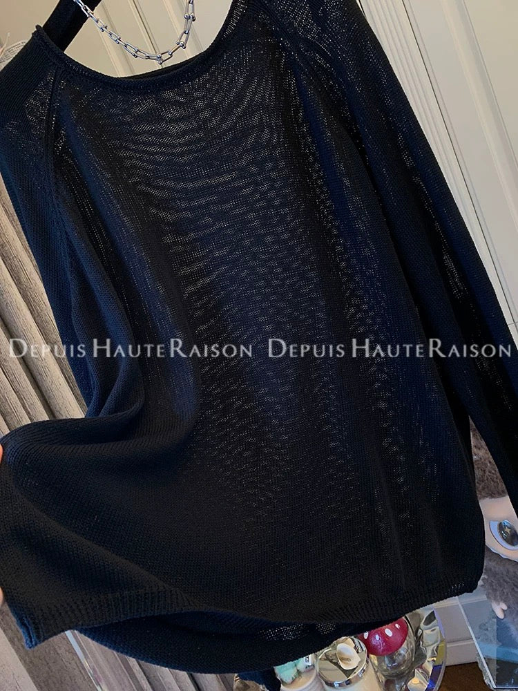 DHR French temperament lazy wind curled long-sleeved sweater sunscreen loose ice linen top female 2025 new