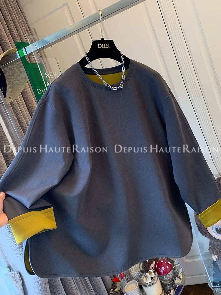 DHR unique design temperament contrast color round neck long sleeve T-shirt sweater bottoming shirt loose top female 2025 autumn