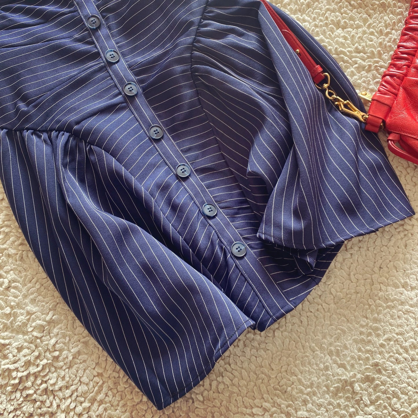 French retro holiday style sexy navy blue striped patchwork halter neck waist suspender dress