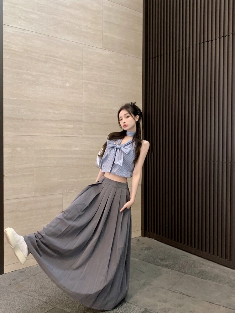 Coco KEKE bow blue striped sleeveless short shirt 2024 summer new style
