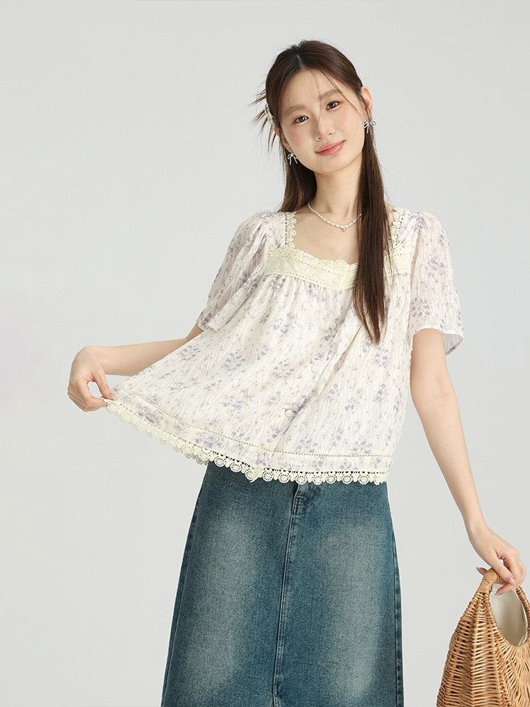 Love Rose large size French purple floral shirt 2024 new style women's summer fat mm high-end short-sleeved square collar top