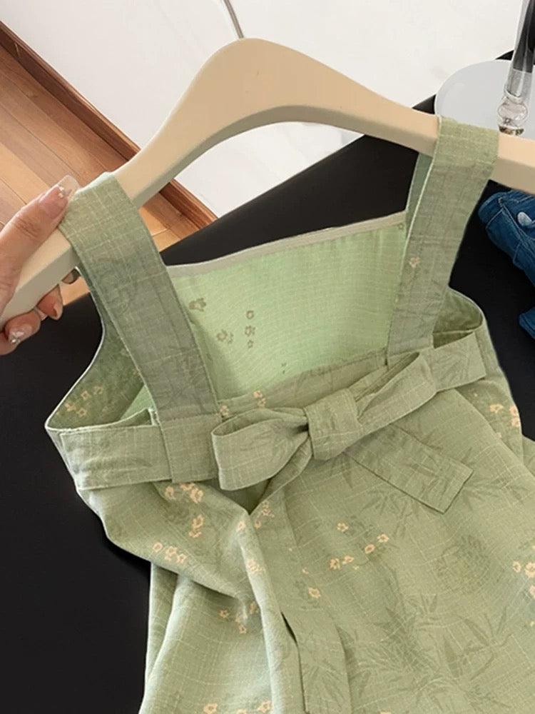Beautiful French floral bow backless camisole for women in summer green white temperament jacquard square collar top