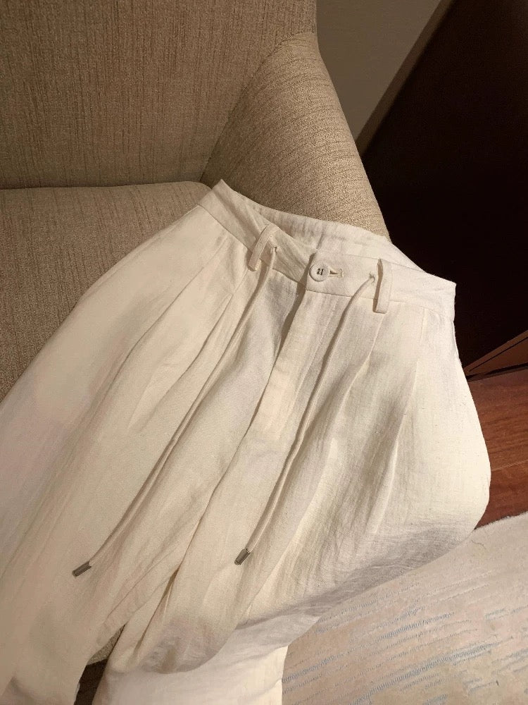 Linen cotton natural pleated texture trousers women's spring and summer new minimalist advanced wide-leg pants
