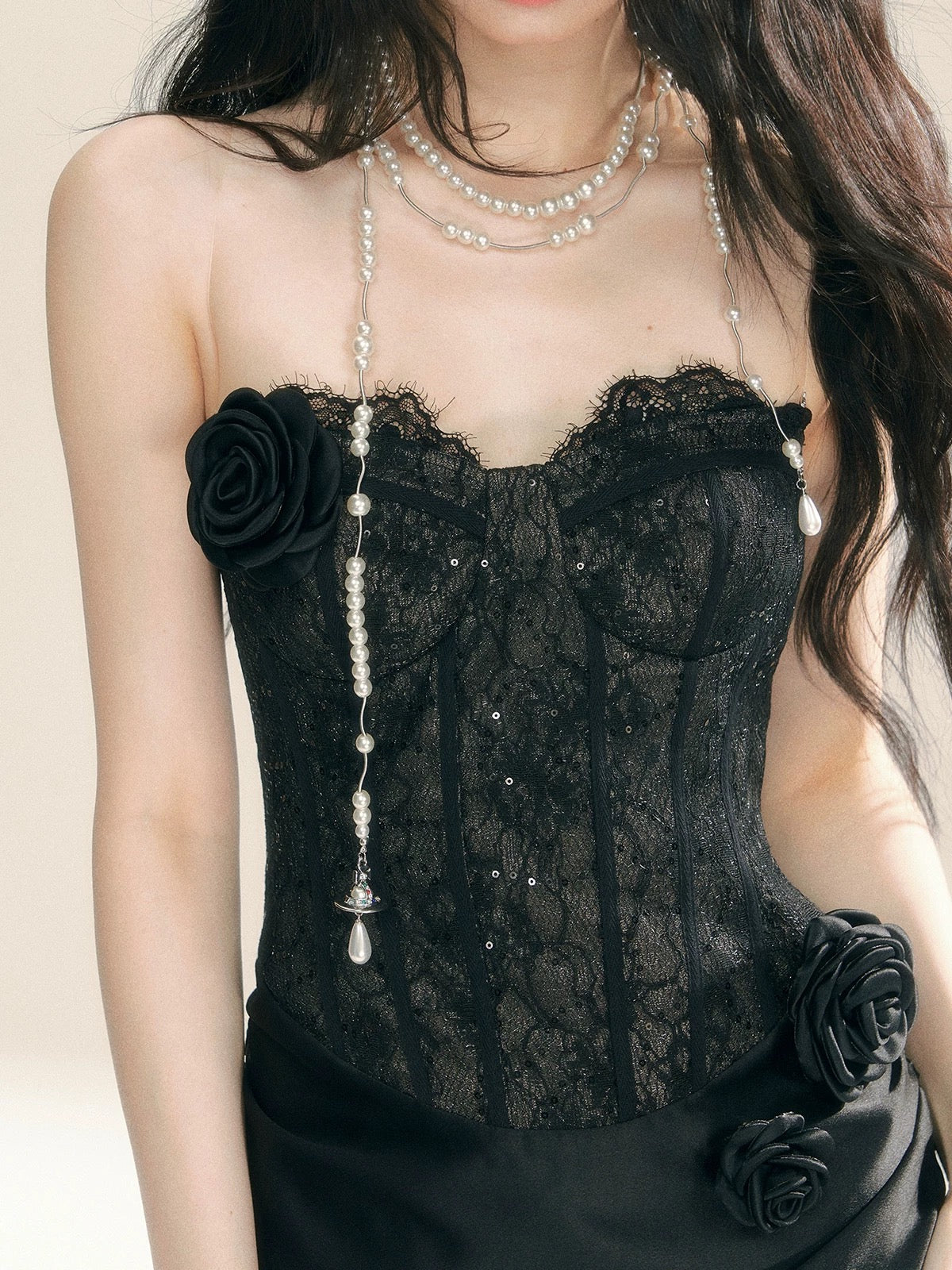 Shaoye has cold eyes, black swan, high-end French lace royal sister dress, women's autumn and winter one-shoulder suspender dress