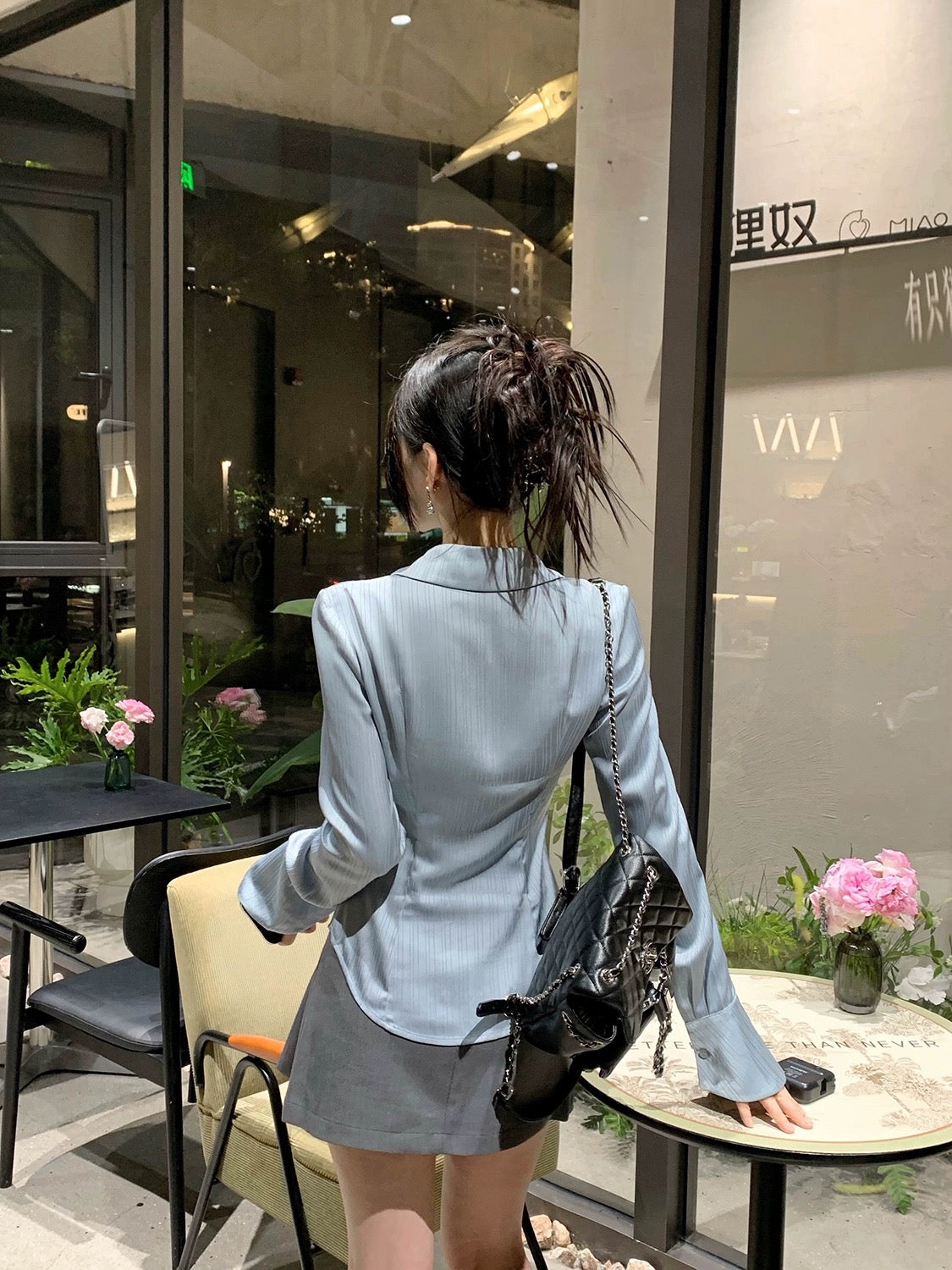 EUSKY IIWAN Light Blue Waist Vertical Striped Shirt Women's Pure Sexy Long Sleeve Waist Satin Slim Fit Shirt