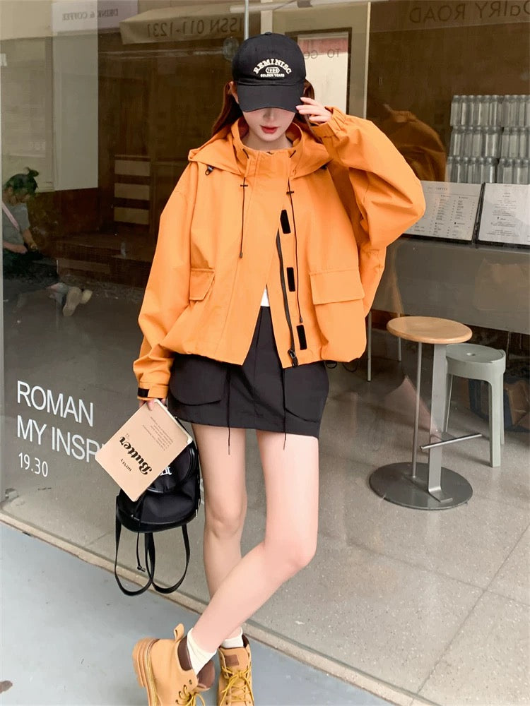 Short orange jacket for women autumn workwear short windbreaker top popular street style niche Korean style