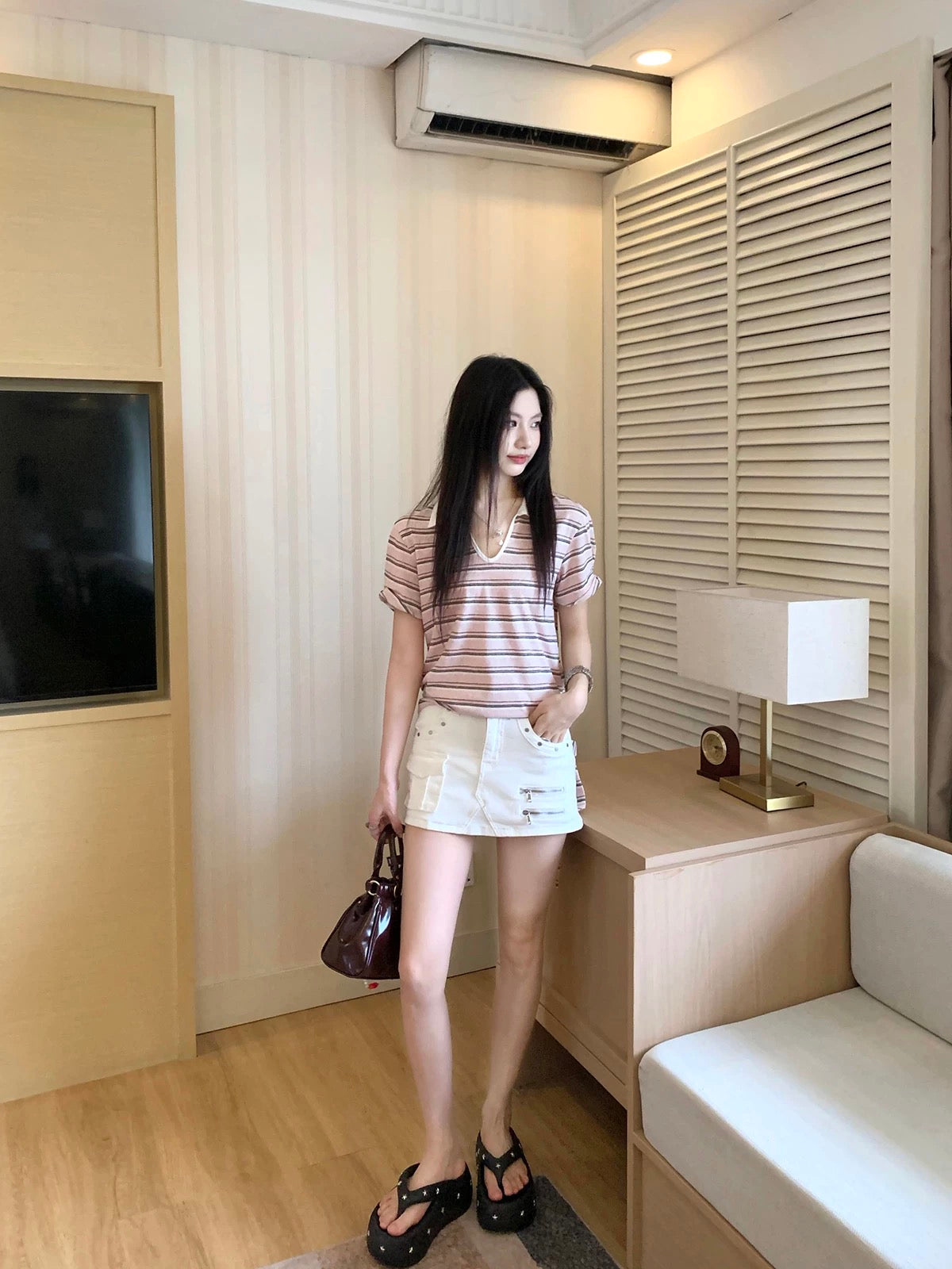 Joeyoo Summer New Loose Pink Striped T-Shirt for Women, Short Sleeve, Stylish Design, Tie-Waist Top