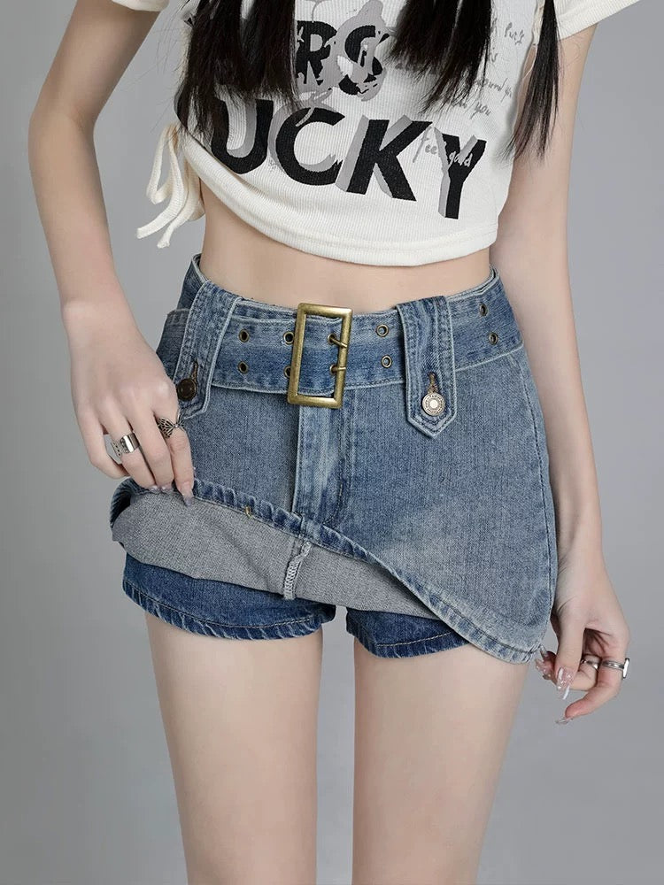 American retro high-waisted denim skirt for small women, slim A-line hip-hugging culottes, spring and summer new trend