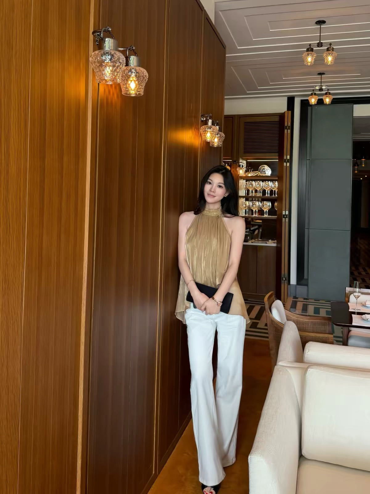 5werkwen "Pretty Sister Who Buys Me Food" Style: Irreguar Halter-Neck Tank Top with Soft-Glow Golden Sheen, Lace, and Ribbon Ties