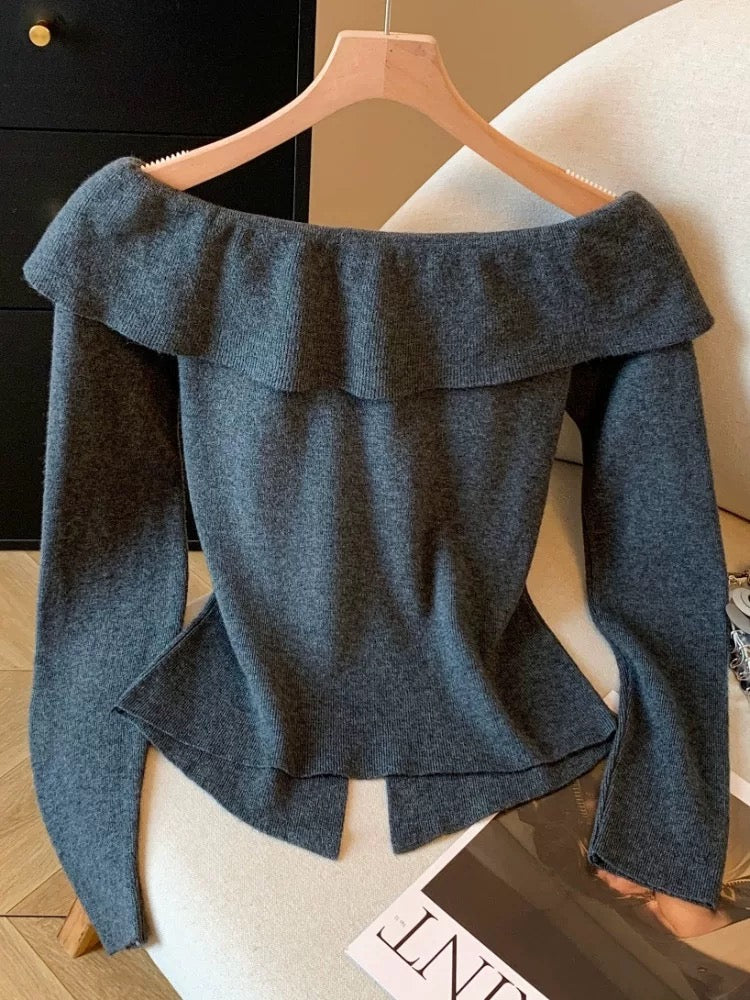 French-style pure and alluring red off-shoulder long-sleeved knit top for women, autumn and winter inner layer base layer, short bow top