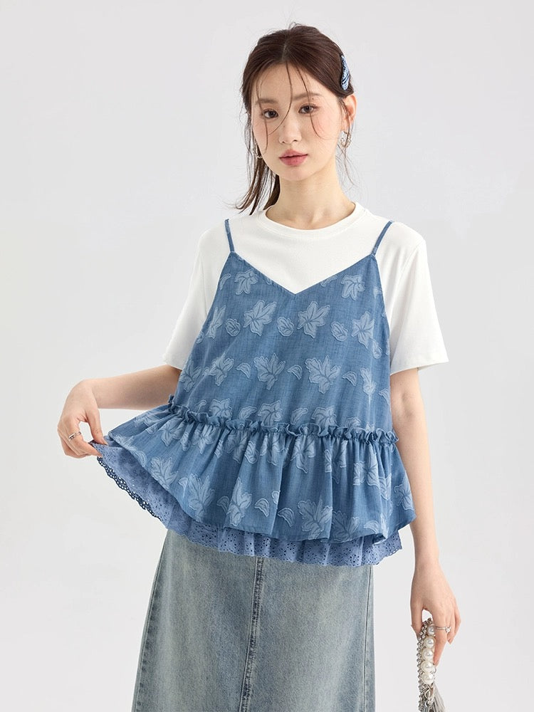 Love Rose large size fat mm ruffled doll shirt suspender T-shirt two-piece summer tops women's design suit