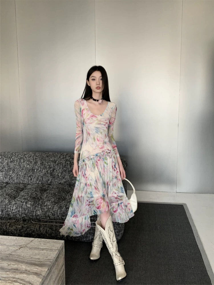 new look grey floral dress Design niche mesh print dress for women 2024 summer new style high-end –  Lee Nhi Boutique