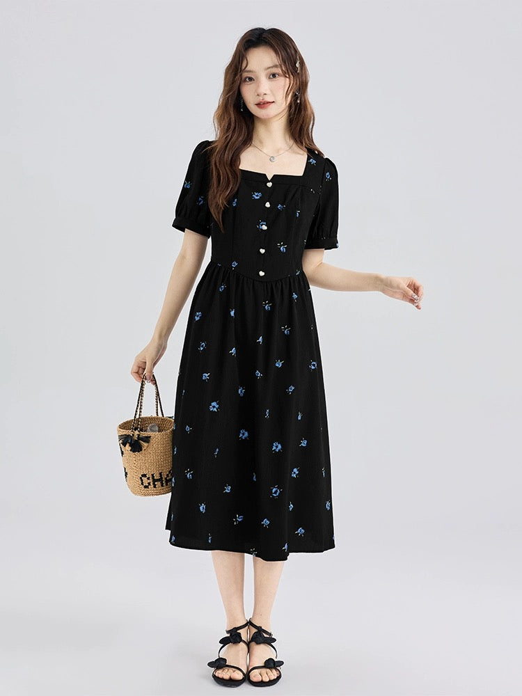 Love rose temperament square collar black floral skirt large size fat mm French dress high-end women's summer beautiful skirt
