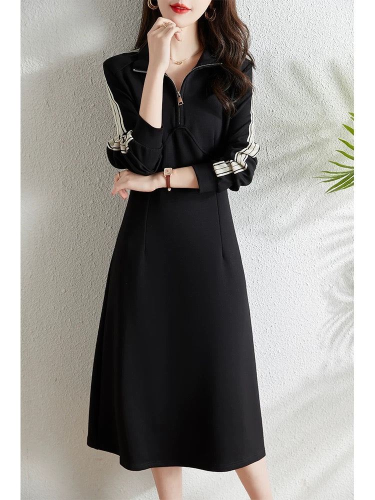 Fashionable casual sports long-sleeved dress for women autumn 2024 new fat mm waist slimming mid-length sweatshirt dress