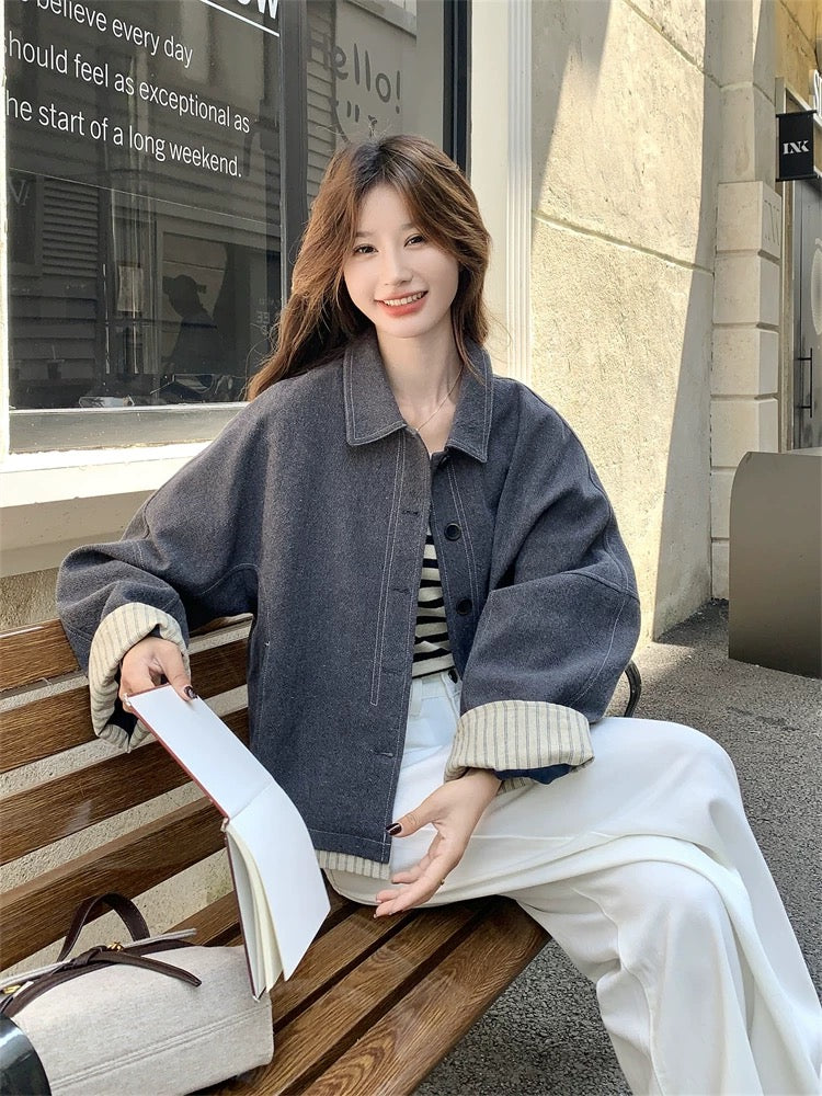 Age-reducing retro striped splicing dark gray lapel jacket for women spring and autumn 2025 new small size big good-looking jacket