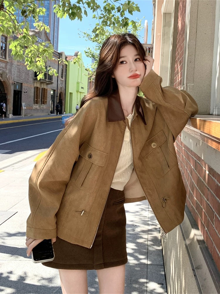 Contrast color patchwork leather lapel khaki jacket women spring and autumn 2025 new small unique super good-looking jacket top